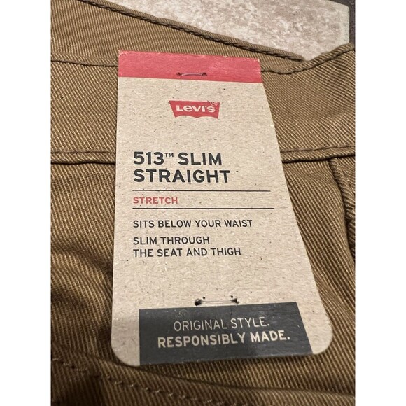 Levis Jeans Mens 30x32 513 Khaki Tan Denim Slim Straight Stretch Flex Casual NEW - Picture 3 of 10